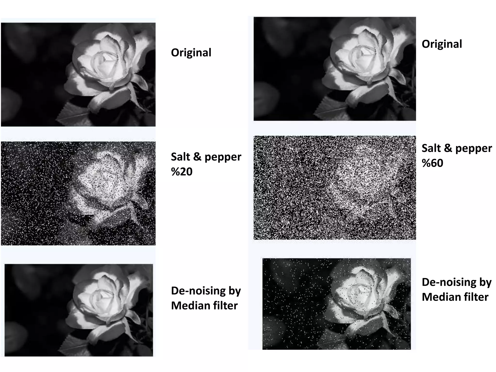 Original

Salt & pepper
%20

De-noising by
Median filter

Original

Salt & pepper
%60

De-noising by
Median filter

 