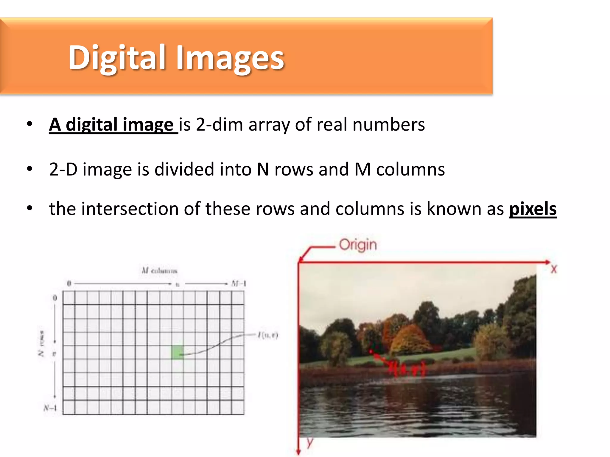 Digital Images
• A digital image is 2-dim array of real numbers
• 2-D image is divided into N rows and M columns
• the intersection of these rows and columns is known as pixels

 
