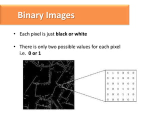 Binary Images
• Each pixel is just black or white
• There is only two possible values for each pixel
i.e. 0 or 1

 
