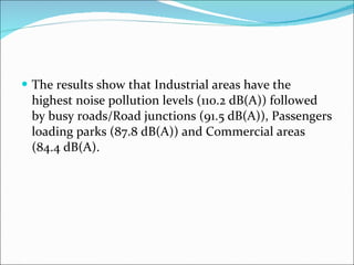 The results show that Industrial areas have the highest noise pollution levels (110.2 dB(A)) followed by busy roads/Road junctions (91.5 dB(A)), Passengers loading parks (87.8 dB(A)) and Commercial areas (84.4 dB(A). 