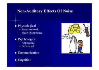 Non-Auditory Effects Of Noise
 Physiological
– Stress Arousal
– Sleep Disturbance
 Psychological
– Annoyance
– Behavioral
 Communication
 Cognition
 