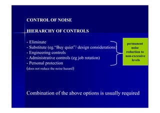 CONTROL OF NOISE
HIERARCHY OF CONTROLS
- Eliminate
- Substitute (eg.“Buy quiet”/ design considerations)
- Engineering controls
- Administrative controls (eg job rotation)
- Personal protection
(does not reduce the noise hazard)
Combination of the above options is usually required
permanent
noise
reduction to
non-excessive
levels
 
