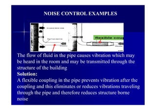 The flow of fluid in the pipe causes vibration which may
be heard in the room and may be transmitted through the
structure of the building
Solution:
A flexible coupling in the pipe prevents vibration after the
coupling and this eliminates or reduces vibrations traveling
through the pipe and therefore reduces structure borne
noise
NOISE CONTROL EXAMPLES
 
