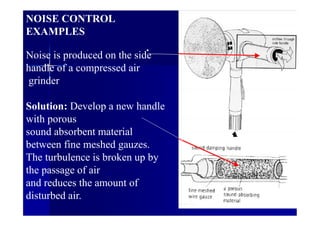 Noise is produced on the side
handle of a compressed air
grinder
Solution: Develop a new handle
with porous
sound absorbent material
between fine meshed gauzes.
The turbulence is broken up by
the passage of air
and reduces the amount of
disturbed air.
NOISE CONTROL
EXAMPLES
 