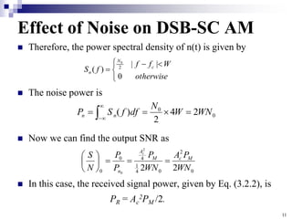 11
Effect of Noise on DSB-SC AM
 Therefore, the power spectral density of n(t) is given by
 The noise power is
 Now we can find the output SNR as
 In this case, the received signal power, given by Eq. (3.2.2), is
PR = Ac
2PM /2.


 


otherwise
W
f
f
f
S c
N
n
0
|
|
)
( 2
0
0
0
2
4
2
)
( WN
W
N
df
f
S
P n
n 


 



0
2
0
4
1
4
0
0 2
2
2
0
WN
P
A
WN
P
P
P
N
S M
c
M
A
n
c









 