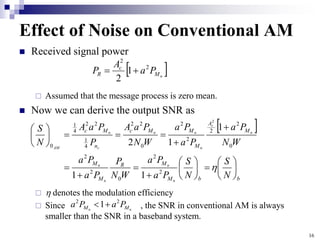 16
Effect of Noise on Conventional AM
 Received signal power
 Assumed that the message process is zero mean.
 Now we can derive the output SNR as
  denotes the modulation efficiency
 Since , the SNR in conventional AM is always
smaller than the SNR in a baseband system.
 
n
M
c
R P
a
A
P 2
2
1
2


 
b
b
M
M
R
M
M
M
A
M
M
M
c
n
M
c
N
S
N
S
P
a
P
a
W
N
P
P
a
P
a
W
N
P
a
P
a
P
a
W
N
P
a
A
P
P
a
A
N
S
n
n
n
n
n
c
n
n
n
c
n
AM





























2
2
0
2
2
0
2
2
2
2
0
2
2
4
1
2
2
4
1
0
1
1
1
1
2
2
n
n M
M P
a
P
a 2
2
1

 