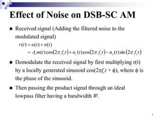 7
Effect of Noise on DSB-SC AM
 Received signal (Adding the filtered noise to the
modulated signal)
 Demodulate the received signal by first multiplying r(t)
by a locally generated sinusoid cos(2fct + ), where  is
the phase of the sinusoid.
 Then passing the product signal through an ideal
lowpass filter having a bandwidth W.
     
t
f
t
n
t
f
t
n
t
f
t
m
A
t
n
t
u
t
r
c
s
c
c
c
c 

 2
sin
)
(
2
cos
)
(
2
cos
)
(
)
(
)
(
)
(





 