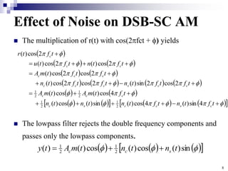 8
Effect of Noise on DSB-SC AM
 The multiplication of r(t) with cos(2fct + ) yields
 The lowpass filter rejects the double frequency components and
passes only the lowpass components.
 
   
   
       
   
   
     
 












































t
f
t
n
t
f
t
n
t
n
t
n
t
f
t
m
A
t
m
A
t
f
t
f
t
n
t
f
t
f
t
n
t
f
t
f
t
m
A
t
f
t
n
t
f
t
u
t
f
t
r
c
s
c
c
s
c
c
c
c
c
c
s
c
c
c
c
c
c
c
c
c
4
sin
)
(
4
cos
)
(
sin
)
(
cos
)
(
4
cos
)
(
cos
)
(
2
cos
2
sin
)
(
2
cos
2
cos
)
(
2
cos
2
cos
)
(
2
cos
)
(
2
cos
)
(
2
cos
)
(
2
1
2
1
2
1
2
1
     
 


 sin
)
(
cos
)
(
cos
)
(
)
( 2
1
2
1
t
n
t
n
t
m
A
t
y s
c
c 


 