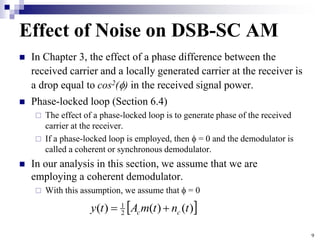 9
Effect of Noise on DSB-SC AM
 In Chapter 3, the effect of a phase difference between the
received carrier and a locally generated carrier at the receiver is
a drop equal to cos2() in the received signal power.
 Phase-locked loop (Section 6.4)
 The effect of a phase-locked loop is to generate phase of the received
carrier at the receiver.
 If a phase-locked loop is employed, then  = 0 and the demodulator is
called a coherent or synchronous demodulator.
 In our analysis in this section, we assume that we are
employing a coherent demodulator.
 With this assumption, we assume that  = 0
 
)
(
)
(
)
( 2
1
t
n
t
m
A
t
y c
c 

 