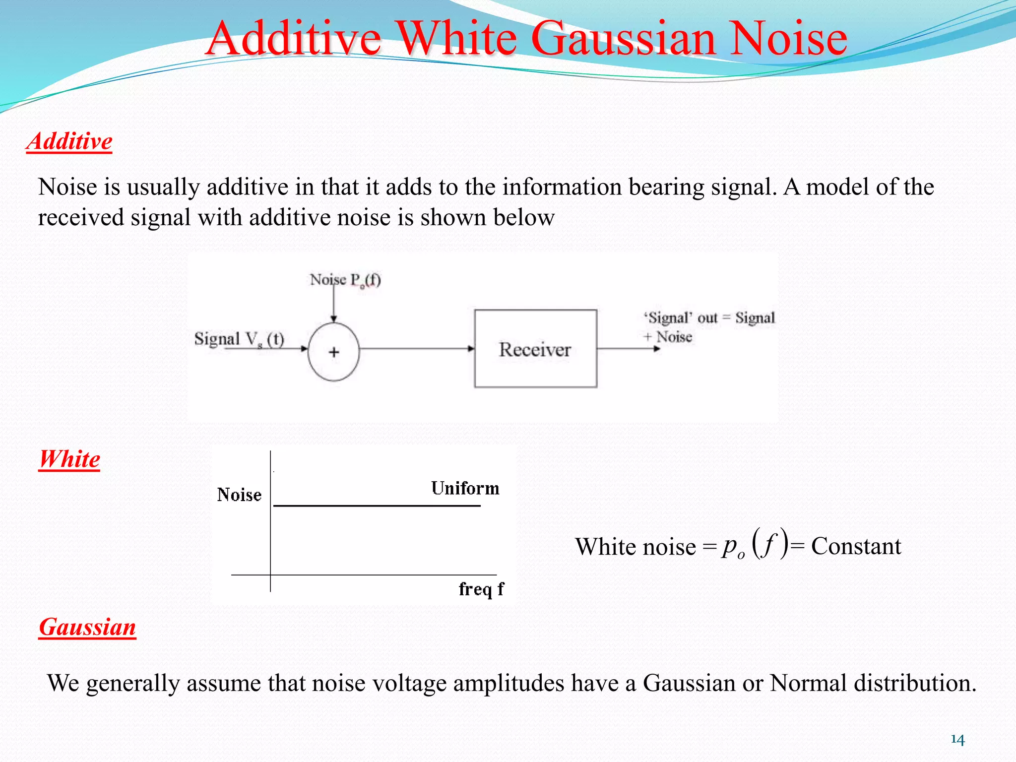 14 
Additive White Gaussian Noise 
Additive 
Noise is usually additive in that it adds to the information bearing signal. A model of the 
received signal with additive noise is shown below 
White 
White noise = p  f  o = Constant 
Gaussian 
We generally assume that noise voltage amplitudes have a Gaussian or Normal distribution. 
 