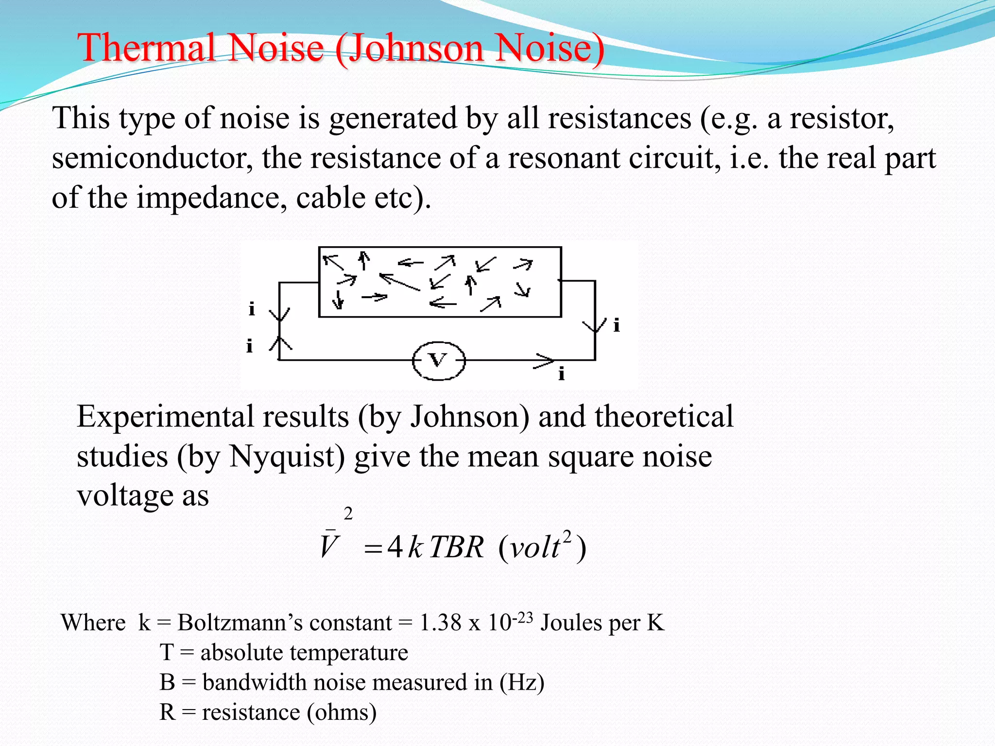 Thermal Noise (Johnson Noise) 
This type of noise is generated by all resistances (e.g. a resistor, 
semiconductor, the resistance of a resonant circuit, i.e. the real part 
of the impedance, cable etc). 
Experimental results (by Johnson) and theoretical 
studies (by Nyquist) give the mean square noise 
voltage as 
_ 2 
V  k TBR volt 
4 ( ) 2 
Where k = Boltzmann’s constant = 1.38 x 10-23 Joules per K 
T = absolute temperature 
B = bandwidth noise measured in (Hz) 
R = resistance (ohms) 
 