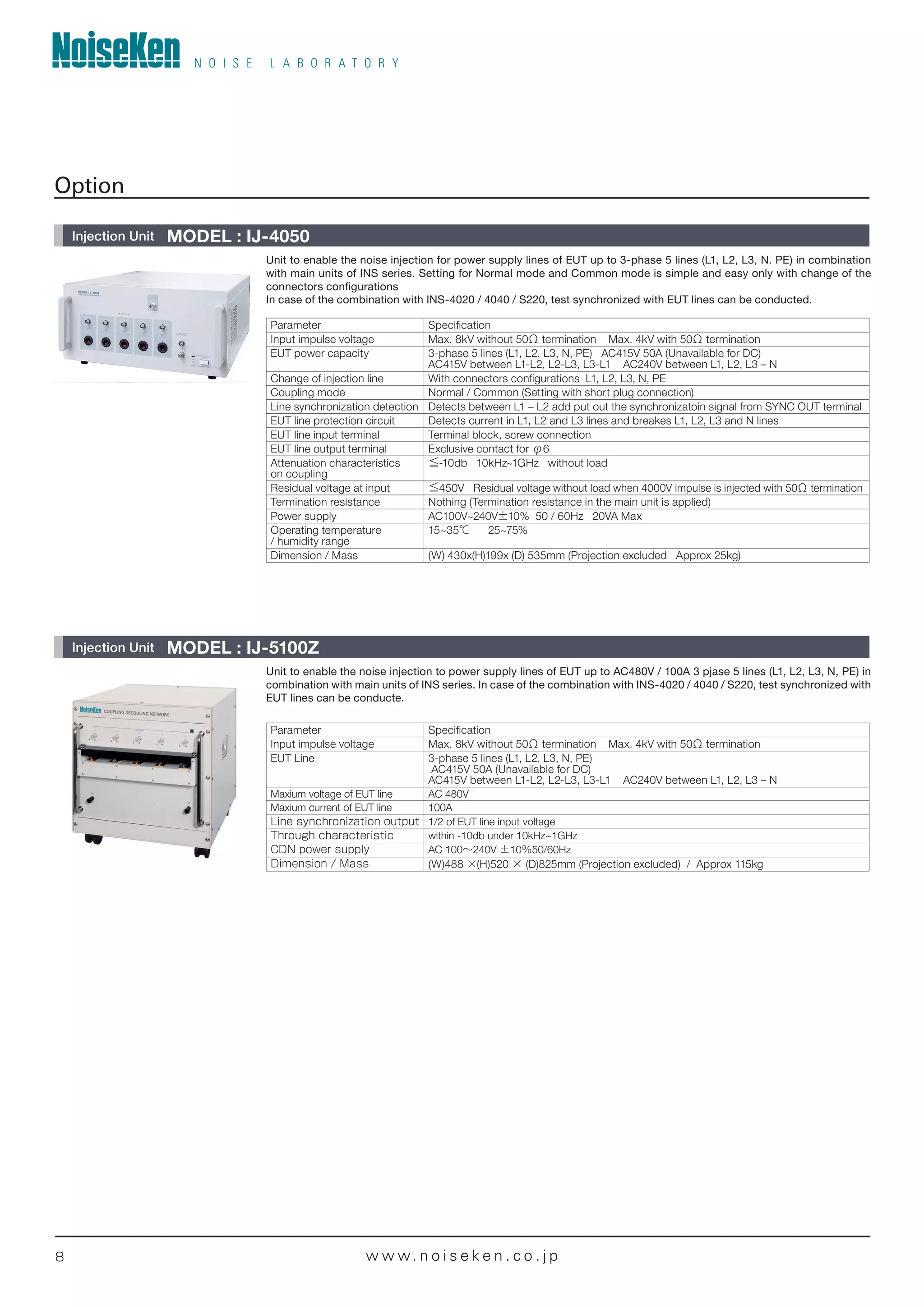 8 w w w. n o i s e k e n . c o . j p
Unit to enable the noise injection for power supply lines of EUT up to 3-phase 5 lines (L1, L2, L3, N. PE) in combination
with main units of INS series. Setting for Normal mode and Common mode is simple and easy only with change of the
connectors configurations
In case of the combination with INS-4020 / 4040 / S220, test synchronized with EUT lines can be conducted.
Unit to enable the noise injection to power supply lines of EUT up to AC480V / 100A 3 pjase 5 lines (L1, L2, L3, N, PE) in
combination with main units of INS series. In case of the combination with INS-4020 / 4040 / S220, test synchronized with
EUT lines can be conducte.
Parameter Speciﬁcation
Input impulse voltage Max. 8kV without 50Ω termination Max. 4kV with 50Ω termination
EUT power capacity 3-phase 5 lines (L1, L2, L3, N, PE) AC415V 50A (Unavailable for DC)
AC415V between L1-L2, L2-L3, L3-L1 AC240V between L1, L2, L3 – N
Change of injection line With connectors conﬁgurations L1, L2, L3, N, PE
Coupling mode Normal / Common (Setting with short plug connection)
Line synchronization detection Detects between L1 – L2 add put out the synchronizatoin signal from SYNC OUT terminal
EUT line protection circuit Detects current in L1, L2 and L3 lines and breakes L1, L2, L3 and N lines
EUT line input terminal Terminal block, screw connection
EUT line output terminal Exclusive contact for φ6
Attenuation characteristics
on coupling
≦-10db 10kHz~1GHz without load
Residual voltage at input ≦450V Residual voltage without load when 4000V impulse is injected with 50Ω termination
Termination resistance Nothing (Termination resistance in the main unit is applied)
Power supply AC100V~240V±10% 50 / 60Hz 20VA Max
Operating temperature
/ humidity range
15~35℃ 25~75%
Dimension / Mass (W) 430x(H)199x (D) 535mm (Projection excluded Approx 25kg)
Parameter Speciﬁcation
Input impulse voltage Max. 8kV without 50Ω termination Max. 4kV with 50Ω termination
EUT Line 3-phase 5 lines (L1, L2, L3, N, PE)
AC415V 50A (Unavailable for DC)
AC415V between L1-L2, L2-L3, L3-L1 AC240V between L1, L2, L3 – N
Maxium voltage of EUT line AC 480V
Maxium current of EUT line 100A
Line synchronization output 1/2 of EUT line input voltage
Through characteristic within -10db under 10kHz~1GHz
CDN power supply AC 100∼240V ±10％50/60Hz
Dimension / Mass (W)488 ×(H)520 × (D)825mm (Projection excluded) / Approx 115kg
Injection Unit MODEL : IJ-5100Z
Option
Injection Unit MODEL : IJ-4050
 