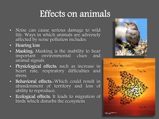 Effects on animals
• Noise can cause serious damage to wild
life. Ways in which animals are adversely
affected by noise pollution includes.
• Hearing loss
• Masking: Masking is the inability to hear
important environmental clues and
animal signals
• Physiological effects: such as increase in
heart rate, respiratory difficulties and
stress.
• Behavioral effects:-Which could result in
abandonment of territory and loss of
ability to reproduce.
• Ecological effects: It leads to migration of
birds which disturbs the ecosystem
 