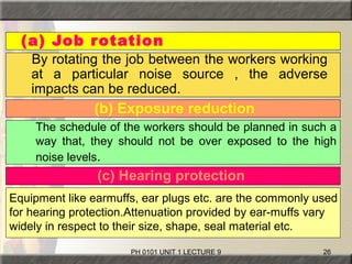 PH 0101 UNIT 1 LECTURE 9 26
(a) Job rotation
By rotating the job between the workers working
at a particular noise source , the adverse
impacts can be reduced.
(b) Exposure reduction
The schedule of the workers should be planned in such a
way that, they should not be over exposed to the high
noise levels.
(c) Hearing protection
Equipment like earmuffs, ear plugs etc. are the commonly used
for hearing protection.Attenuation provided by ear-muffs vary
widely in respect to their size, shape, seal material etc.
 