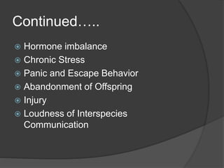 Continued…..
 Hormone imbalance
 Chronic Stress
 Panic and Escape Behavior
 Abandonment of Offspring
 Injury
 Loudness of Interspecies
Communication
 