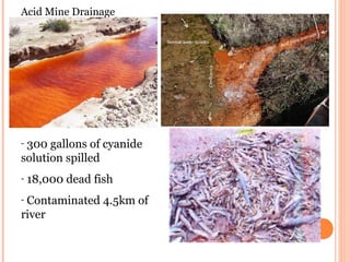 Acid Mine Drainage
Lara River in Honduras
- 300 gallons of cyanide
solution spilled
- 18,000 dead fish
- Contaminated 4.5km of
river
 