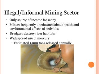 Illegal/Informal Mining Sector
• Only source of income for many
• Miners frequently uneducated about health and
environmental effects of activities
• Dredgers destroy river habitats
• Widespread use of mercury
– Estimated 1,000 tons released annually
 
