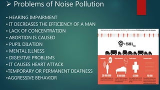  Problems of Noise Pollution
• HEARING IMPAIRMENT
• IT DECREASES THE EFFICIENCY OF A MAN
• LACK OF CONCENTRATION
• ABORTION IS CAUSED
• PUPIL DILATION
• MENTAL ILLNESS
• DIGESTIVE PROBLEMS
• IT CAUSES HEART ATTACK
•TEMPORARY OR PERMANENT DEAFNESS
•AGGRESSIVE BEHAVIOR
 