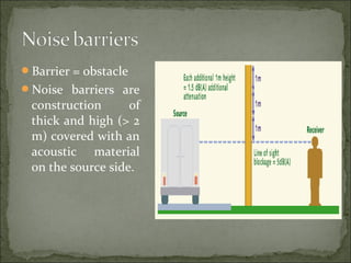 Barrier = obstacle
Noise barriers are
construction of
thick and high (> 2
m) covered with an
acoustic material
on the source side.
 