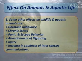 Effect On Animals & Aquatic Life

3. Some other effects on wildlife & aquatic
animals are:
> Hormone Imbalance
> Chronic Stress
> Panic & Escape Behavior
> Abandonment of Offspring
> Injury
> Increase in Loudness of Inter species
communication .
 