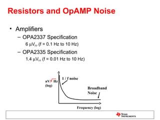 Resistors and OpAMP Noise

• Amplifiers
  – OPA2337 Specification
     6 µVP-P (f = 0.1 Hz to 10 Hz)
  – OPA2335 Specification
     1.4 µVP-P (f = 0.01 Hz to 10 Hz)



                        1 / f noise
               nV/ Hz
               (log)
                                        Broadband
                                        Noise


                                  Frequency (log)
 
