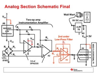 Analog Section Schematic Final
                                                                    Wall Wart
VDD
                        Two-op amp                                        9V DC out
A6                Instrumentation Amplifier
                 R3            RG                                               uLM
 REF2925
                                                                                 78
  2.5V                    R4
Reference                                                                             A5
                                               R3           2nd order                 VDD = 5V
                                VDD                       Low-Pass Filter
        VDD                                                    C1
                      -               R4




                                                                                                 to TMS320C6713 DSK
 R1         R2                             -               R8                         A4
                      +        A1                               +
 R2         R1                                       R7
                                           +    A2         C2   OPA340           ADS7829
LCL-                                                            -
 816G                                                                A3
                                1/2 of
                                OPA2335
 