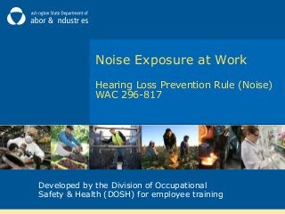 Noise Exposure at Work
Hearing Loss Prevention Rule (Noise)
WAC 296-817
Developed by the Division of Occupational
Safety & Health (DOSH) for employee training
 