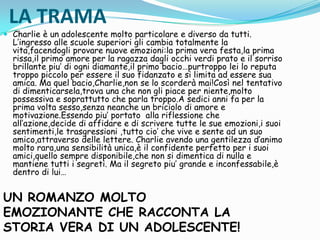 LA TRAMA

 Charlie è un adolescente molto particolare e diverso da tutti.

L’ingresso alle scuole superiori gli cambia totalmente la
vita,facendogli provare nuove emozioni:la prima vera festa,la prima
rissa,il primo amore per la ragazza dagli occhi verdi prato e il sorriso
brillante piu’ di ogni diamante,il primo bacio…purtroppo lei lo reputa
troppo piccolo per essere il suo fidanzato e si limita ad essere sua
amica. Ma quel bacio,Charlie,non se lo scorderà mai!Così nel tentativo
di dimenticarsela,trova una che non gli piace per niente,molto
possessiva e soprattutto che parla troppo.A sedici anni fa per la
prima volta sesso,senza neanche un briciolo di amore e
motivazione.Essendo piu’ portato alla riflessione che
all’azione,decide di affidare e di scrivere tutte le sue emozioni,i suoi
sentimenti,le trasgressioni ,tutto cio’ che vive e sente ad un suo
amico,attraverso delle lettere. Charlie avendo una gentilezza d’animo
molto rara,una sensibilità unica,è il confidente perfetto per i suoi
amici,quello sempre disponibile,che non si dimentica di nulla e
mantiene tutti i segreti. Ma il segreto piu’ grande e inconfessabile,è
dentro di lui…

UN ROMANZO MOLTO
EMOZIONANTE CHE RACCONTA LA
STORIA VERA DI UN ADOLESCENTE!

 