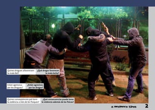 Quines drogues afavoreixen
la mala llet?
¿Qué drogas favorecen
la mala leche?
Estan agressius
per les drogues?
¿Están agresivos
por las drogas?
Quines conseqüències pot tenir
la violència a més de les físiques?
¿Qué consecuencias puede tener
la violencia además de las físicas?
2
 
