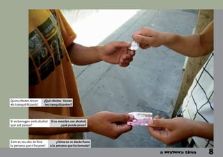 Com es veu des de fora
la persona que n’ha pres?
¿Cómo se ve desde fuera
a la persona que ha tomado?
Quins efectes tenen
els tranquil·litzants?
¿Qué efectos tienen
los tranquilizantes?
Si es barregen amb alcohol
què pot passar?
Si se mezclan con alcohol,
¿qué puede pasar?
8
 