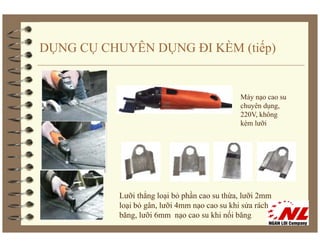 DỤNG CỤ CHUYÊN DỤNG ĐI KÈM (tiế )
                           (tiếp)


                                              Máy nạo cao su
                                              chuyên dụng,
                                              220V, không
                                              kèm lưỡi




           Lưỡi thẳng loại bỏ phần cao su thừa, lưỡi 2mm
           loại bỏ gân, lưỡi 4mm nạo cao su khi sửa rách
           băng, lưỡi 6mm nạo cao su khi nối băng
 