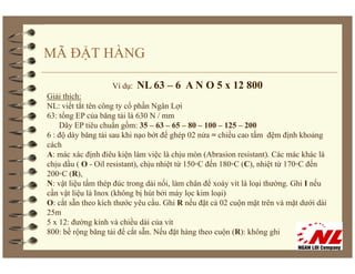 MÃ ĐẶT HÀNG

                    Ví dụ:   NL 63 – 6 A N O 5 x 12 800
Giải thích:
NL: viết tắt tên công ty cổ phần Ngân Lợi
63: tổng EP của băng tải là 630 N / mm
        g            g
    Dãy EP tiêu chuẩn gồm: 35 – 63 – 65 – 80 – 100 – 125 – 200
6 : độ dày băng tải sau khi nạo bớt để ghép 02 nửa = chiều cao tấm đệm định khoảng
cách
A: mác xác định điêu kiện làm việc là chịu mòn (Abrasion resistant) Các mác khác là
                                                            resistant).
chịu dầu ( O - Oil resistant), chịu nhiệt từ 150◦C đến 180◦C (C), nhiệt từ 170◦C đến
200◦C (R),
N: vật liệu tấm thép đúc trong dải nối, làm chân để xoáy vít là loại thường. Ghi I nếu
cần vật liệu là Inox (không bị hút bởi máy lọc kim loại)
 ầ
O: cắt sẵn theo kích thước yêu cầu. Ghi R nếu đặt cả 02 cuộn mặt trên và mặt dưới dài
25m
5 x 12: đường kính và chiều dài của vít
800: bề rộng băng tải để cắt sẵn. Nếu đặt hàng theo cuộn (R): không ghi
 