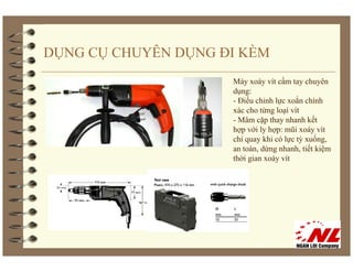 DỤNG CỤ CHUYÊN DỤNG ĐI KÈM
                     Máy xoáy vít cầm tay chuyên
                         y    y            y   y
                     dụng:
                     - Điều chỉnh lực xoắn chính
                     xác cho từng loại vít
                     - Mâm cặp tha nhanh kết
                                 thay
                     hợp với ly hợp: mũi xoáy vít
                     chỉ quay khi có lực tỳ xuống,
                     an toàn, dừng nhanh, tiết kiệm
                     thời gian xoáy vít
 