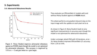3. Experiments
3.4. Adversarial Robustness Results
They evaluate our EfficientNet-L2 models with and
without Noisy Student against an FGSM attack.
This attack performs one gradient descent step on the
input image with the update on each pixel set to 𝟄.
As shown in Figure 4, Noisy Student leads to very
significant improvements in accuracy even though the
model is not optimized for adversarial robustness.
Under a stronger attack PGD with 10 iterations, at 𝟄 =
16, Noisy Student improves EfficientNet-L2’s accuracy
from 1.1% to 4.4%.
 