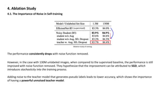 4. Ablation Study
4.1. The Importance of Noise in Self-training
Ablation study of noising.
(supervised)
The performance consistently drops with noise function removed.
However, in the case with 130M unlabeled images, when compared to the supervised baseline, the performance is still
improved with noise function removed. They hypothesize that the improvement can be attributed to SGD, which
introduces stochasticity into the training process.
Adding noise to the teacher model that generates pseudo labels leads to lower accuracy, which shows the importance
of having a powerful unnoised teacher model.
 