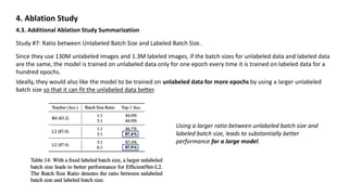4. Ablation Study
4.3. Additional Ablation Study Summarization
Study #7: Ratio between Unlabeled Batch Size and Labeled Batch Size.
Since they use 130M unlabeled images and 1.3M labeled images, if the batch sizes for unlabeled data and labeled data
are the same, the model is trained on unlabeled data only for one epoch every time it is trained on labeled data for a
hundred epochs.
Ideally, they would also like the model to be trained on unlabeled data for more epochs by using a larger unlabeled
batch size so that it can fit the unlabeled data better.
Using a larger ratio between unlabeled batch size and
labeled batch size, leads to substantially better
performance for a large model.
 