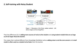 2. Self-training with Noisy Student
Their key differences lie in adding more sources of noise to the student and using student models that are as large
as (if not larger than) the teacher.
This makes their method different from Knowledge Distillation where adding noise is not the core concern and small
model is often used as a student to be faster than the teacher.
 