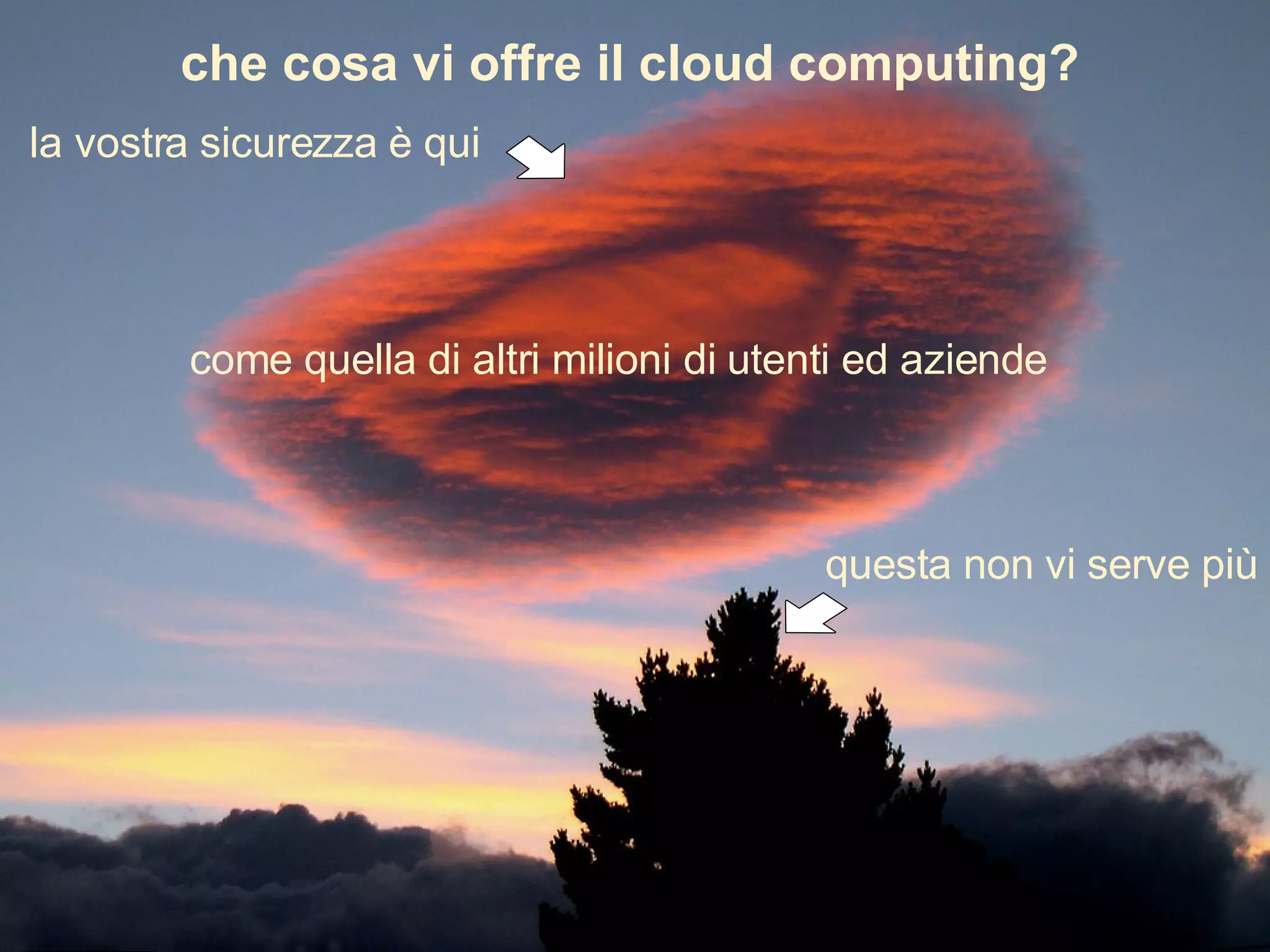che cosa vi offre il cloud computing? come quella di altri milioni di utenti ed aziende la vostra sicurezza è qui questa non vi serve più 