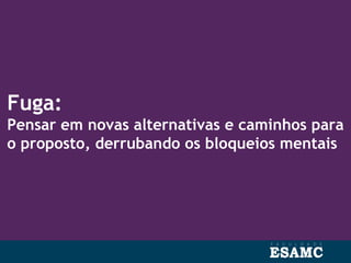 Fuga:
Pensar em novas alternativas e caminhos para
o proposto, derrubando os bloqueios mentais
 