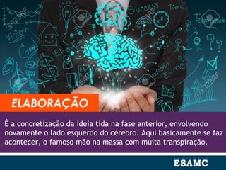É a concretização da ideia tida na fase anterior, envolvendo
novamente o lado esquerdo do cérebro. Aqui basicamente se faz
acontecer, o famoso mão na massa com muita transpiração.
ELABORAÇÃO
 