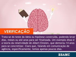 Trata-se do teste da ideia ou hipótese construída, podendo levar
dias, meses ou até anos para ser finalizada. Um exemplo disso é
a teoria da relatividade de Albert Einsten, que demorou 14 anos
para se concretizar. Claro que, falando em comunicação de
agência, especificamente, temos apenas poucos dias.
VERIFICAÇÃO
 