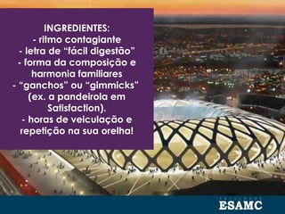 INGREDIENTES:
- ritmo contagiante
- letra de “fácil digestão”
- forma da composição e
harmonia familiares
- “ganchos” ou “gimmicks” 
(ex. a pandeirola em
Satisfaction).
- horas de veiculação e
repetição na sua orelha!
 