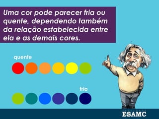 frio
quente
Uma cor pode parecer fria ou
quente, dependendo também
da relação estabelecida entre
ela e as demais cores.
 