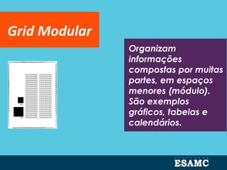 Organizam
informações
compostas por muitas
partes, em espaços
menores (módulo).
São exemplos
gráficos, tabelas e
calendários.
Grid Modular
 