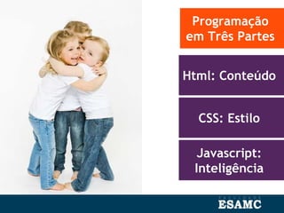 Programação
em Três Partes
Html: Conteúdo
CSS: Estilo
Javascript:
Inteligência
 