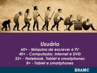 Usuário
60+ - Máquina de escrever e TV
40+ - Computador, internet e DVD
22+ - Notebook, Tablet e smartphones
8+ - Tablet e smartphones
 