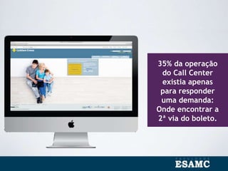 35% da operação
do Call Center
existia apenas
para responder
uma demanda:
Onde encontrar a
2ª via do boleto.
 