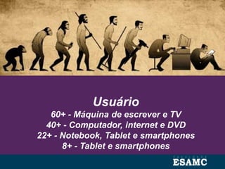 Usuário
60+ - Máquina de escrever e TV
40+ - Computador, internet e DVD
22+ - Notebook, Tablet e smartphones
8+ - Tablet e smartphones
 