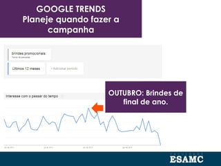 GOOGLE TRENDS
Planeje quando fazer a
campanha
OUTUBRO: Brindes de
final de ano.
 