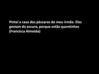 Pintei a casa dos pássaros do meu irmão. Eles gostam do escuro, porque estão quentinhos (Francisca Almeida)  